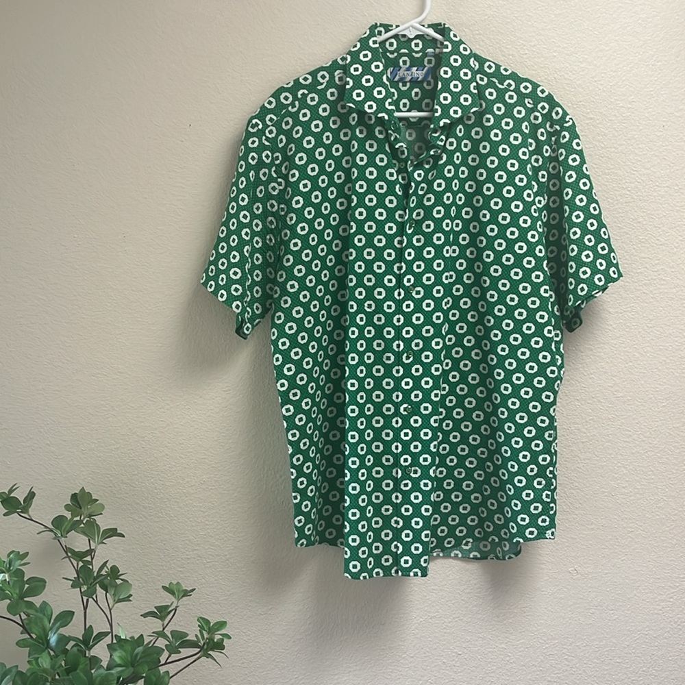 Lanzino Green White Geometric Button Down Shirt, Size XL, 100% Cotton Texture